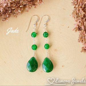 Green Jade Gemstone 925 Sterling Dangle Earrings